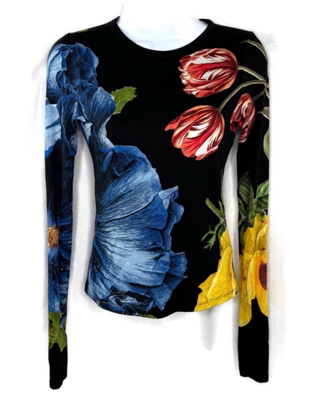 Alice + Olivia Black Long-Sleeve Crewneck Top with Multicolor Floral Print XS. - Picture 2 of 5